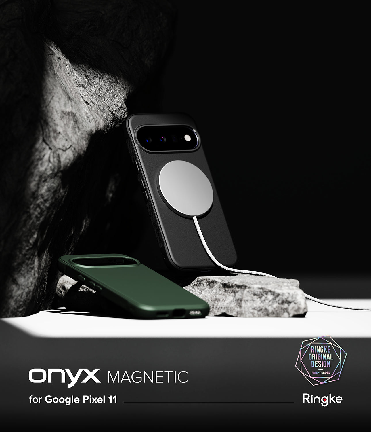 Google Pixel 11 Case | Onyx Magnetic - A dark green magnetic phone case and a black magnetic phone case with a white MagSafe ring, displayed on rocks against a black background. Text at the bottom reads 'onyx MAGNETIC for Google Pixel 11 Pro' with Ringke branding.