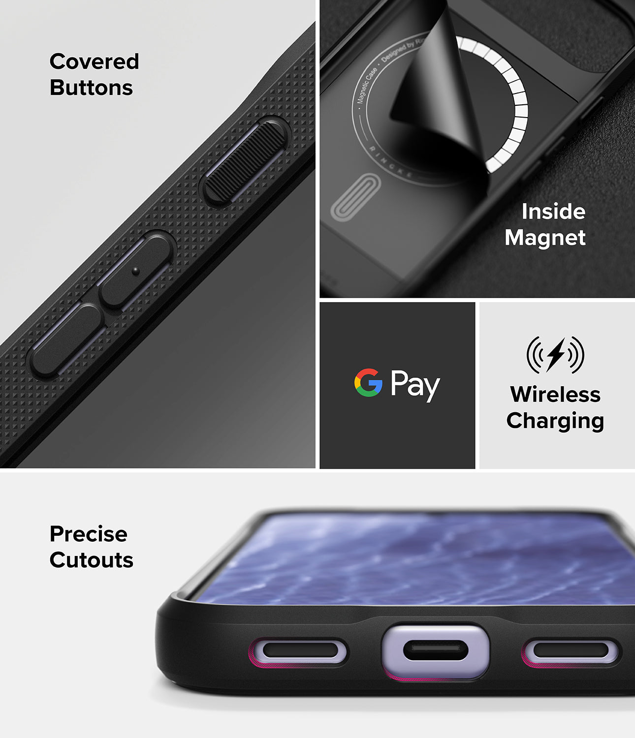 Google Pixel 11 Case | Onyx Magnetic - A black protective phone case shown in a multi-panel feature graphic. The panels highlight covered buttons, an inside magnetic ring, wireless charging compatibility with the Google Pay logo, and precise cutouts for ports.