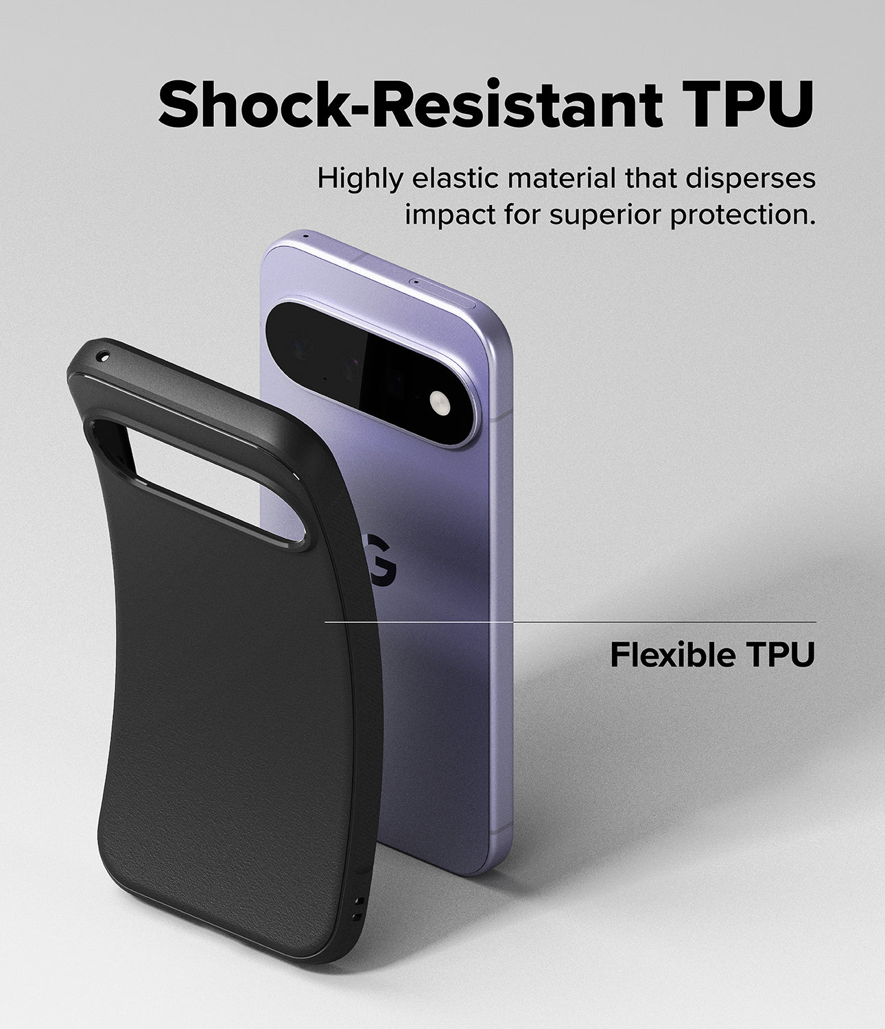 Google Pixel 11 Case | Onyx Magnetic - Two phone cases shown on a light gray studio background with marketing text: a black case labeled 'Shock-Resistant TPU' in front and a lavender phone inside a case labeled 'Flexible TPU' behind it. No person, animal, or real environment is present, so this is Product/Packaging rather than Lifestyle.