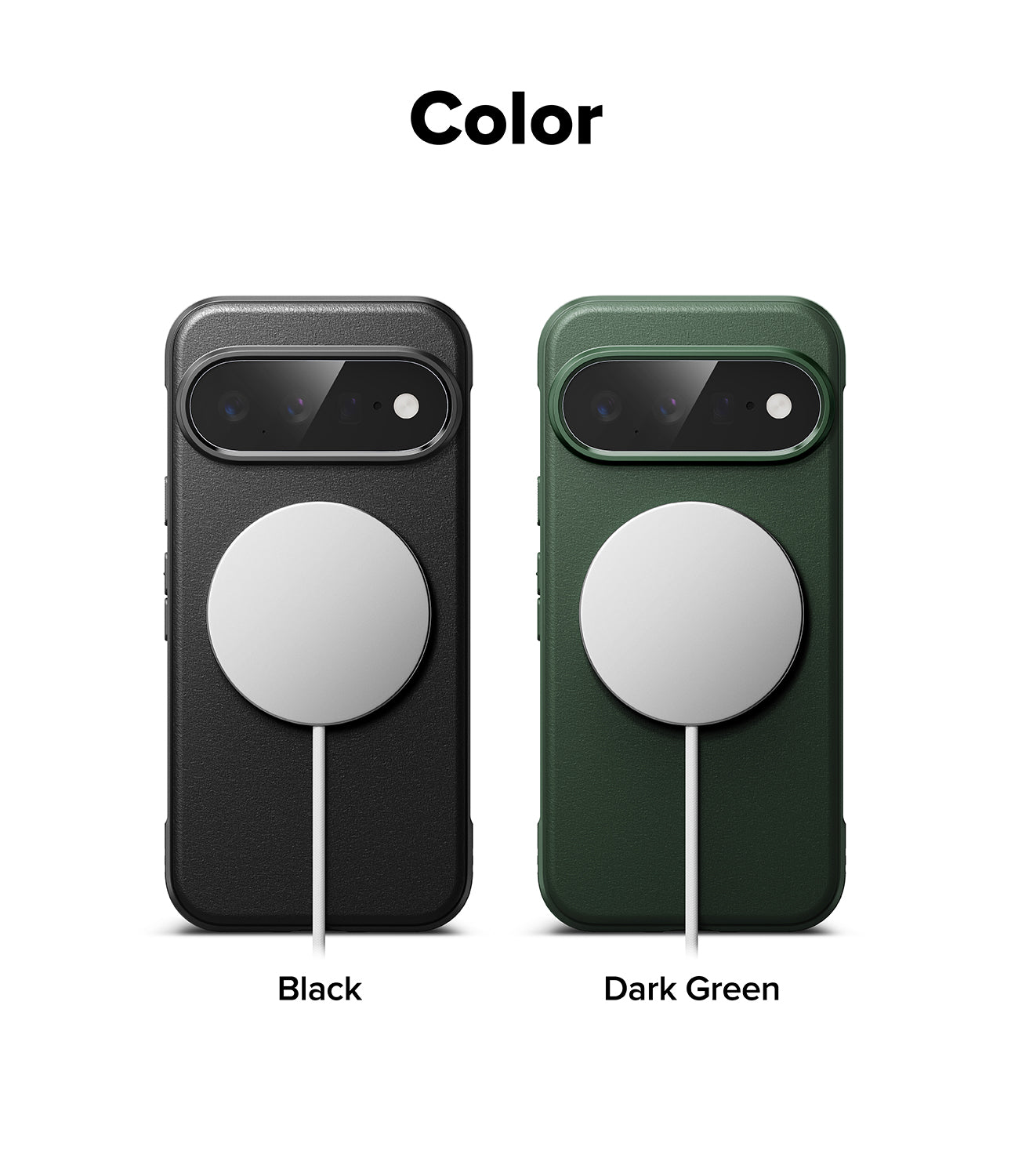 Google Pixel 11 Case | Onyx Magnetic - Color options for a phone case shown on a white background, labeled 'Color' at the top. Two cases are displayed side by side: a matte black case on the left and a dark green case on the right, each with a circular MagSafe ring.