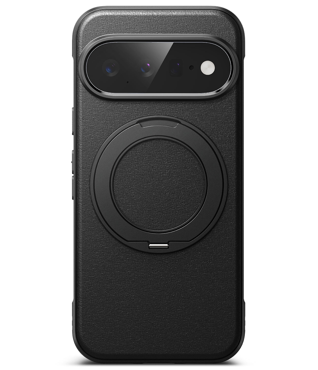 Google Pixel 11 Case | Onyx Ring - A black textured phone case with a circular MagSafe-compatible ring on the back, shown on a white background.