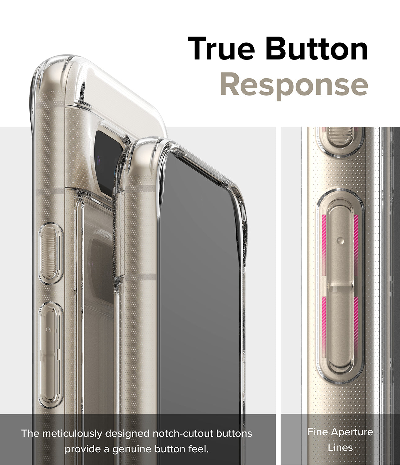 Google Pixel 8a Case | Fusion - Clear - True Button Response. The meticulously designed notch-cutout buttons provide a genuine button feel. Fine Aperture Lines.