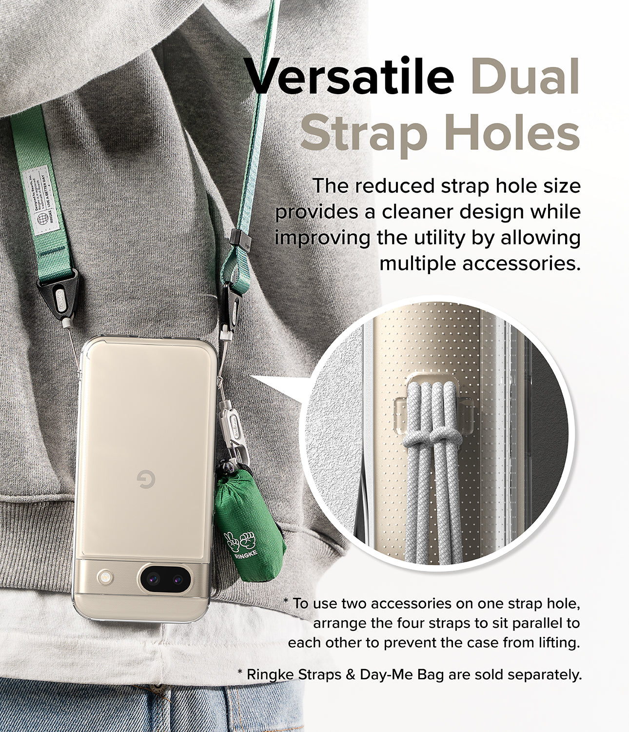 Google Pixel 8a Case | Fusion - Clear - Versatile Dual Strap Holes. The reduced strap hole size provides a cleaner design while improving the utility by allowing multiple accessories.