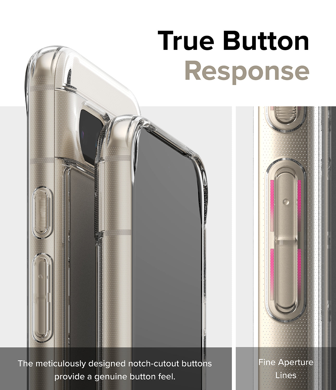 Google Pixel 8a Case | Fusion - Matte Clear - True Button Response. The meticulously designed notch-cutout buttons provide a genuine button feel. Fine Aperture Lines.