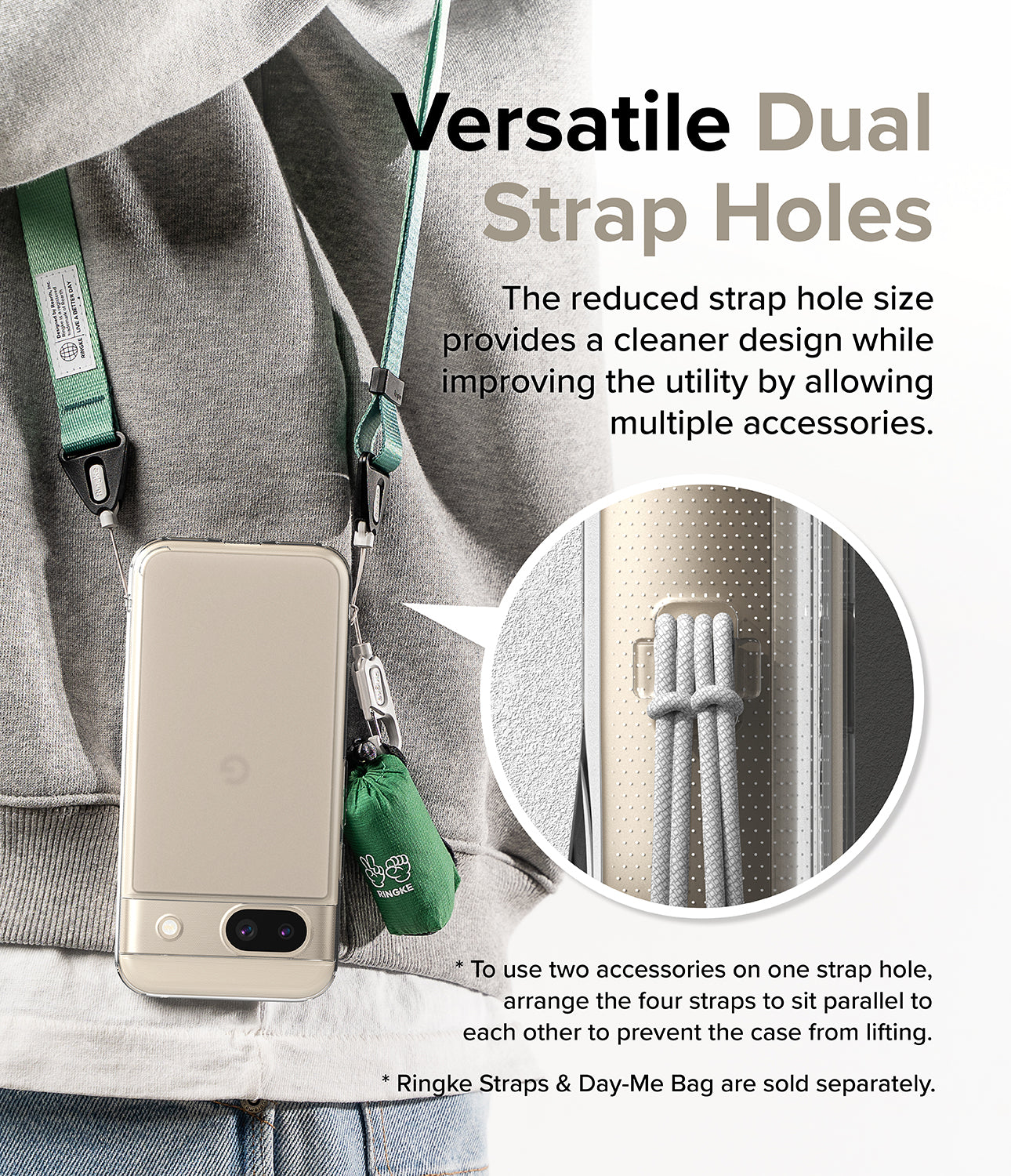 Google Pixel 8a Case | Fusion - Matte Clear - Versatile Dual Strap Holes. The reduced strap hole size provides a cleaner design while improving the utility by allowing multiple accessories.