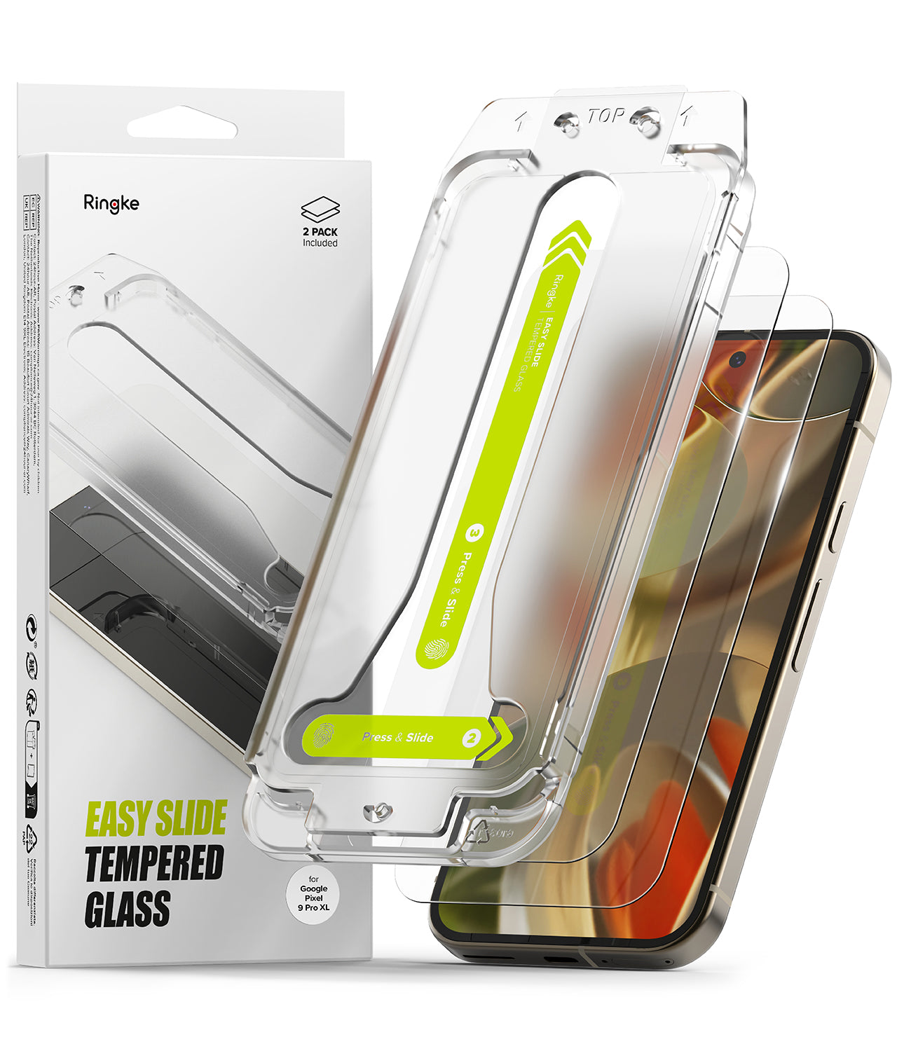 Ringke tempered glass screen protector packaging with Pixel 9 Pro XL and Easy Slide tools on a white background