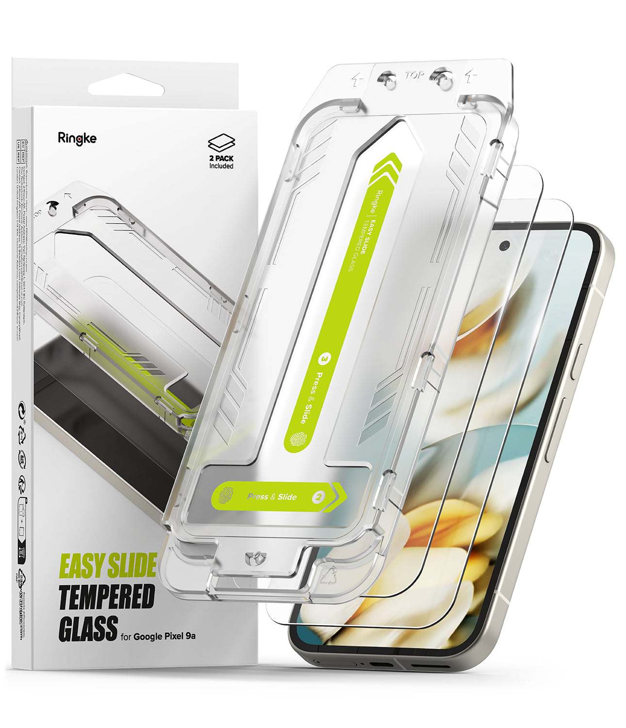 Ringke tempered glass screen protector packaging with Pixel 9a and Easy Slide tools on a white background