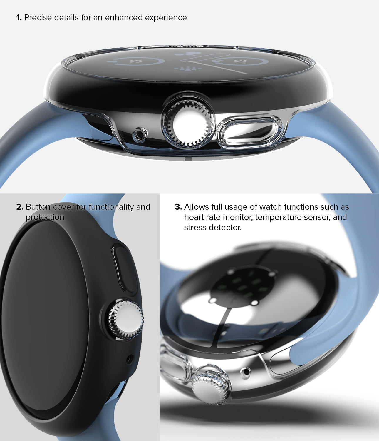 Google Pixel Watch 2 | Slim (2P) - Precise details for an enhanced experience. Button cover for functionality and protection. Allows full usage of watch functions such as heart rate monitor, temperature sensor, and stress detector.