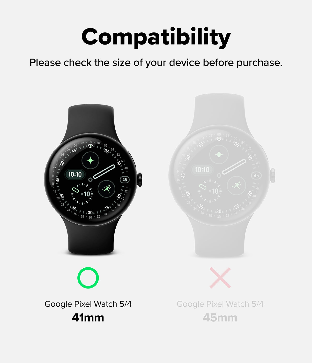 Pixel Watch 5 / 4 41mm Screen Protector | Dual Easy Film Pro (2P) - Compatibility graphic for a smartwatch band showing a black watch with a black band on the left and a faded white watch with a white band on the right. Text reads 'Compatibility' and 'Please check the size of your device before purchase.