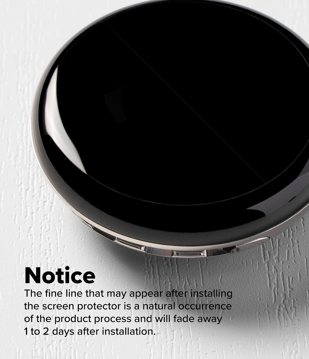 Pixel Watch 5 / 4 41mm Screen Protector | Dual Easy Film Pro (2P) - A glossy black round screen protector shown at an angle on a light textured background, with a notice text overlay explaining that the fine line after screen protector installation is a natural process and fades away in 1 to 2 days.