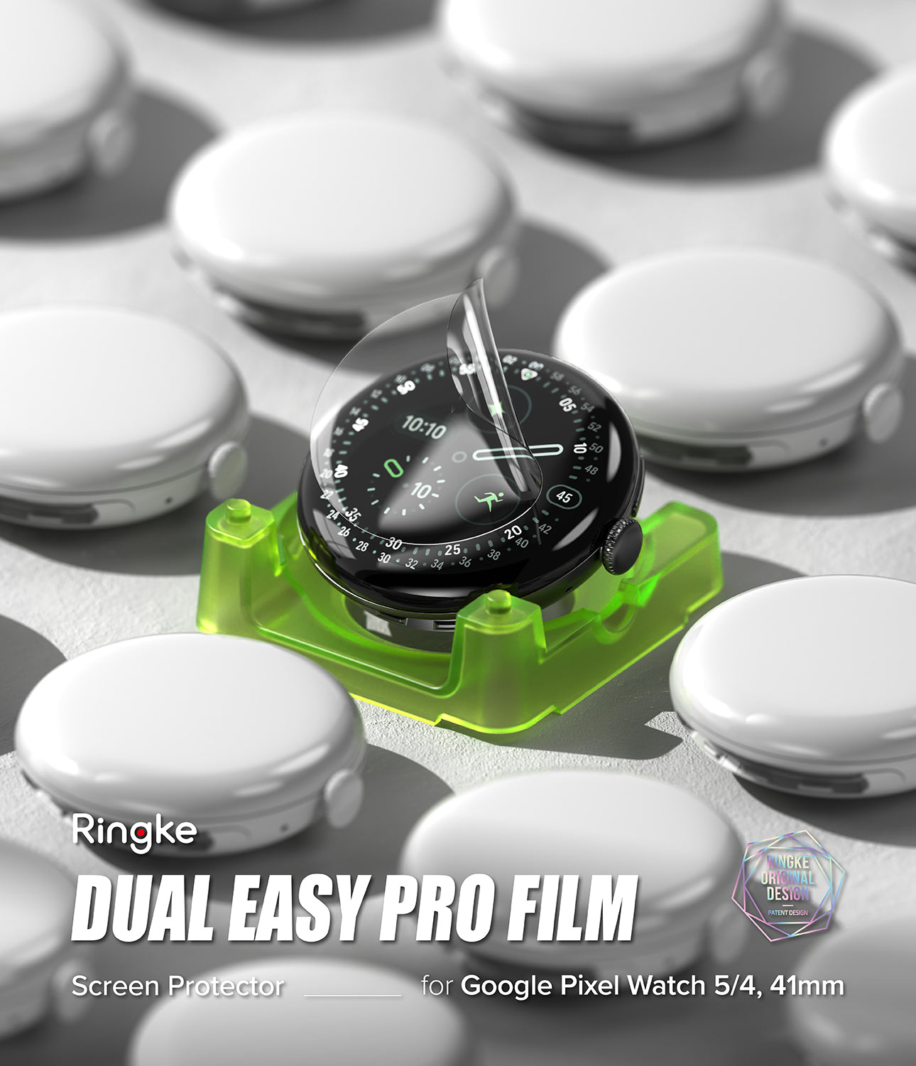 Pixel Watch 5 / 4 41mm Screen Protector | Dual Easy Film Pro (2P) - A smartwatch with a clear dual-screen protector mounted on a translucent green stand, surrounded by several white smartwatch cases on a light gray surface. Text at the bottom reads 'Ringke DUAL EASY PRO FILM' and 'Screen Protector for Google Pixel Watch 5/4, 41mm'.