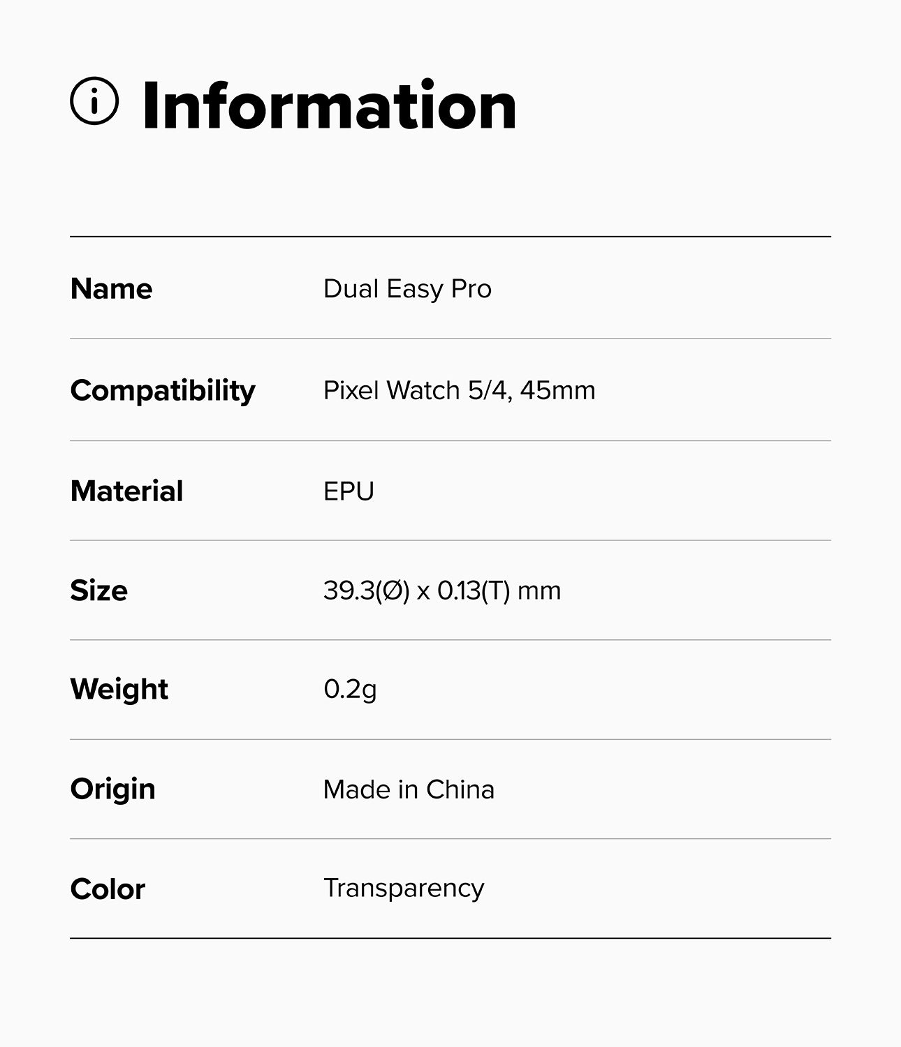 Pixel Watch 5 / 4 45mm Screen Protector | Dual Easy Film Pro (2P) - An information card with a black header reading 'Information' and a list of product details: Name Dual Easy Pro, Compatibility Pixel Watch 5/4, 41mm, Material EPU, Size 35.15(0) x 0.