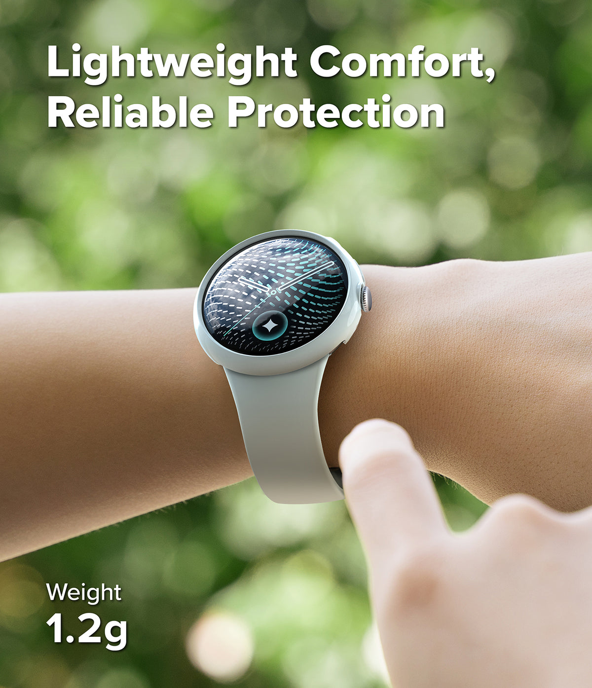 Pixel Watch 5 / 4 41mm | Slim (2P) - A smartwatch with a light gray band worn on a person's wrist, with a finger touching the side of the watch. The background is a blurred green outdoor setting, and text overlays read 'Lightweight Comfort, Reliable Protection' and 'Weight 1.