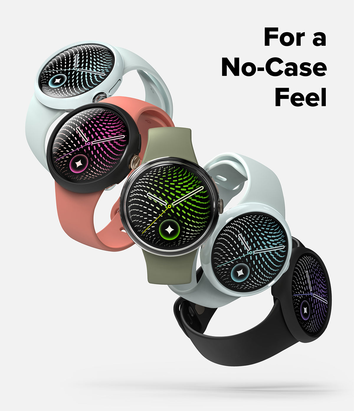 Pixel Watch 5 / 4 41mm | Case + Screen (2P) - Four smartwatches with round black faces and different silicone bands are arranged on a light gray background with the text 'For a No-Case Feel' in the top right. The bands are white, coral pink, olive green, and black, and the watch faces display colorful digital patterns.
