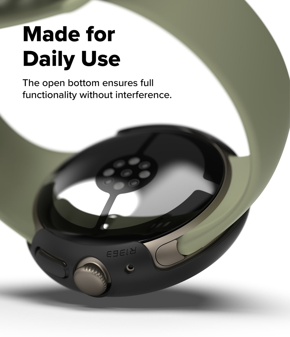 Pixel Watch 5 / 4 41mm | Case + Screen (2P) - A close-up product shot of a smartwatch with a dark metallic case and a light olive green band, shown on a white background with promotional text reading 'Made for Daily Use.'.