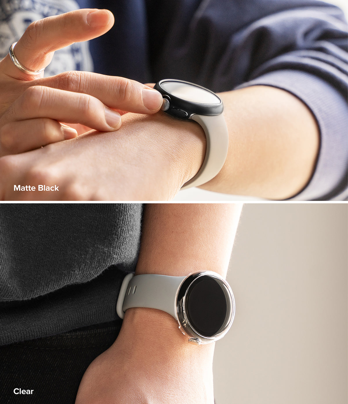 Pixel Watch 5 / 4 41mm | Case + Screen (2P) - Two views of a smartwatch with different band colors on a wrist.