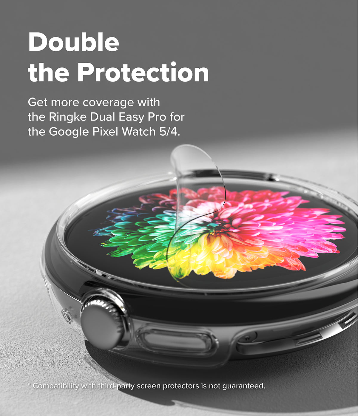 Pixel Watch 5 / 4 45mm | Slim (2P) - A clear screen protector is shown hovering over the circular display of a black smartwatch, with promotional text reading 'Double the Protection' and 'Get more coverage with the Ringke Dual Easy Pro for the Google Pixel Watch 5/4.'.