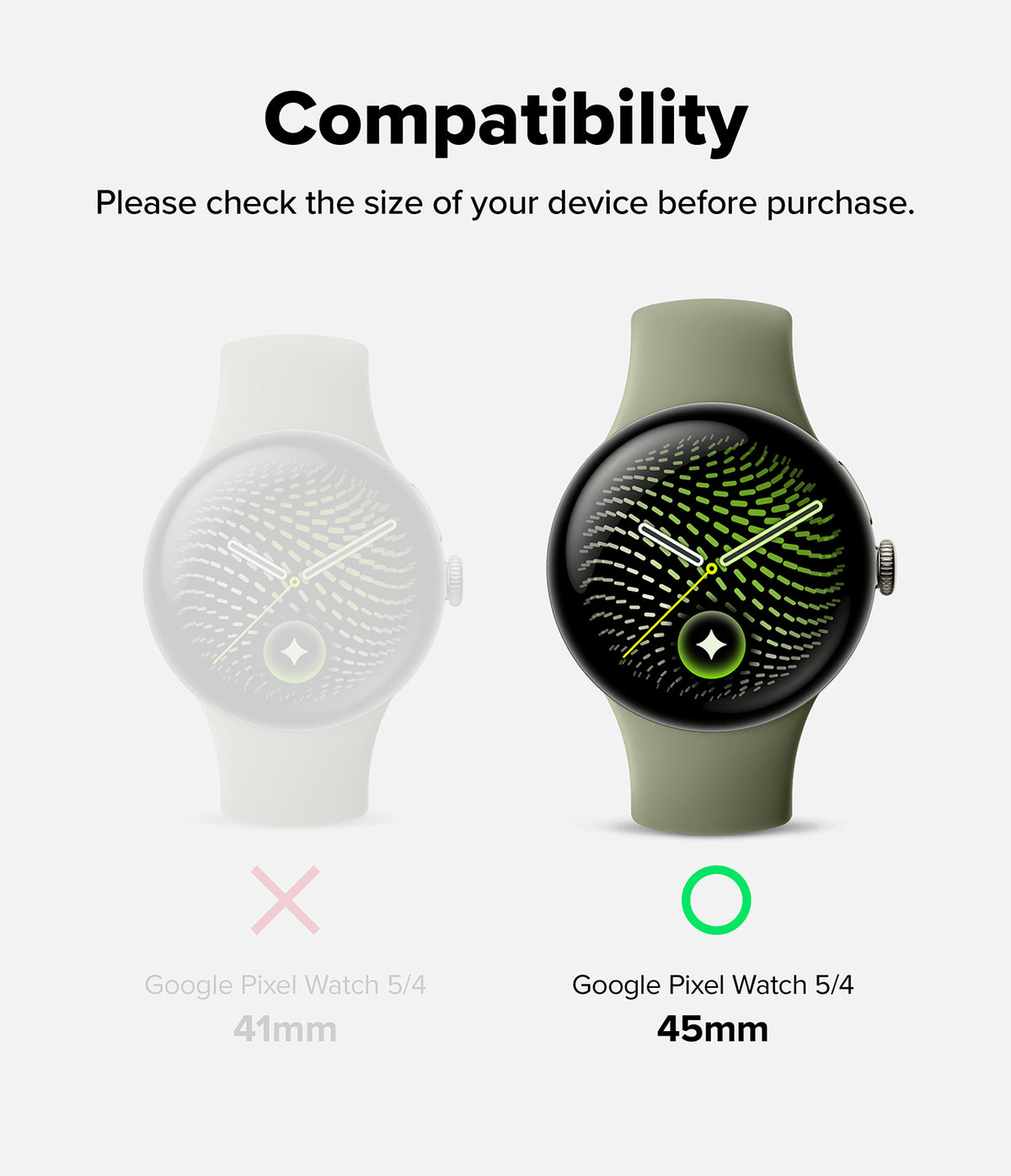 Pixel Watch 5 / 4 45mm | Slim (2P) - Compatibility graphic for a smartwatch showing two watch faces and bands on a light gray background. Text at the top reads 'Compatibility' and says to check the size of the device before purchase.