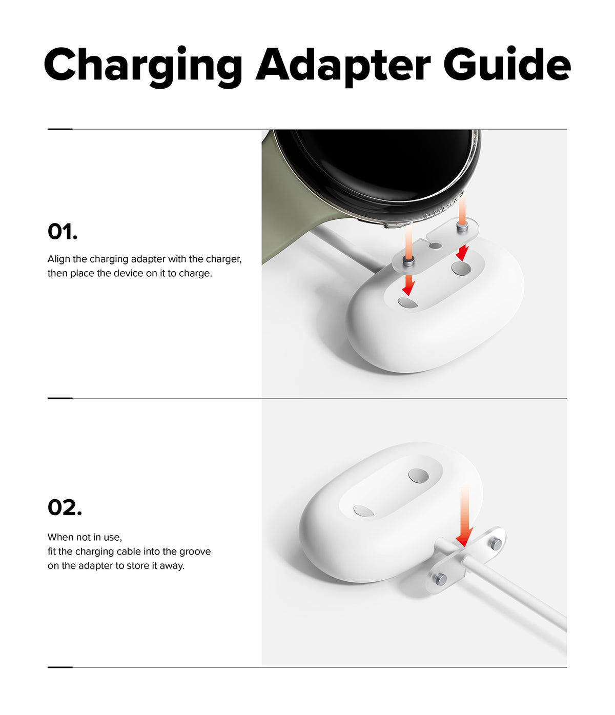Pixel Watch 5 / 4 45mm | Slim (2P) - Instruction diagram titled 'Charging Adapter Guide' showing two steps for using a white charging adapter: aligning it with a charger and inserting a cable into a storage slot.
