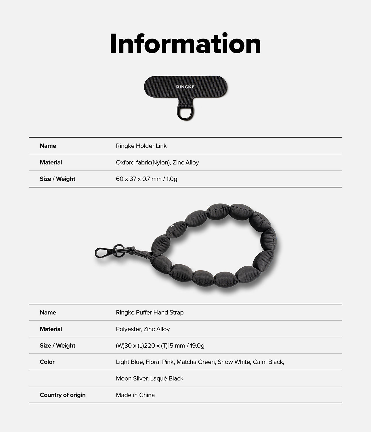 Holder Link Puffer | Hand - Product information card with Ringke accessories on a white background