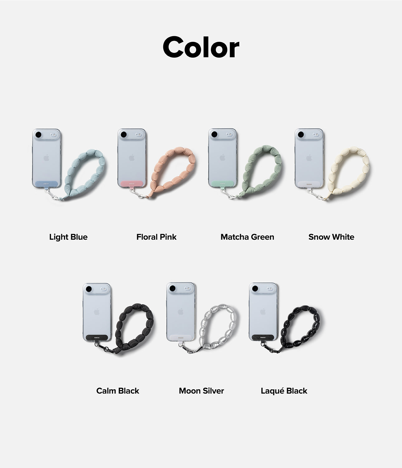 Holder Link Puffer | Hand - Various color options of phone cases with straps on a white background