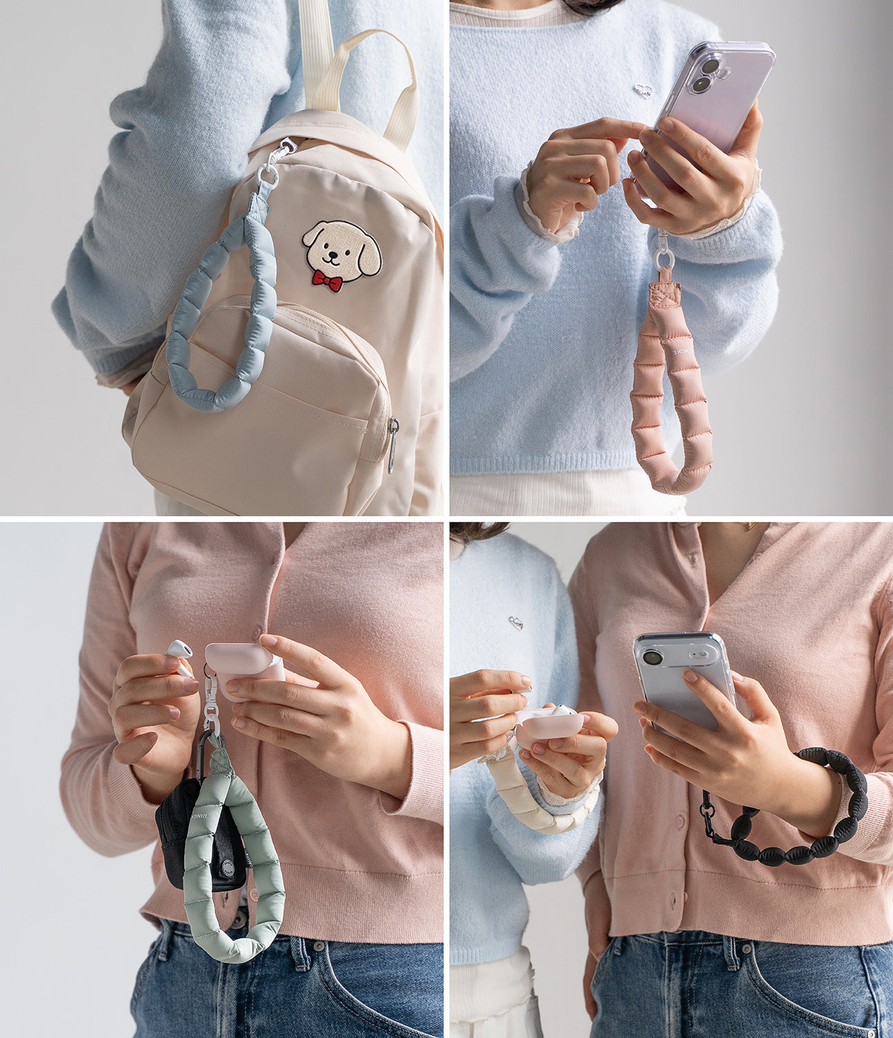 Holder Link Puffer | Hand - Four-panel collage showing colorful, quilted puffer-style wrist straps attached to phones and cases.