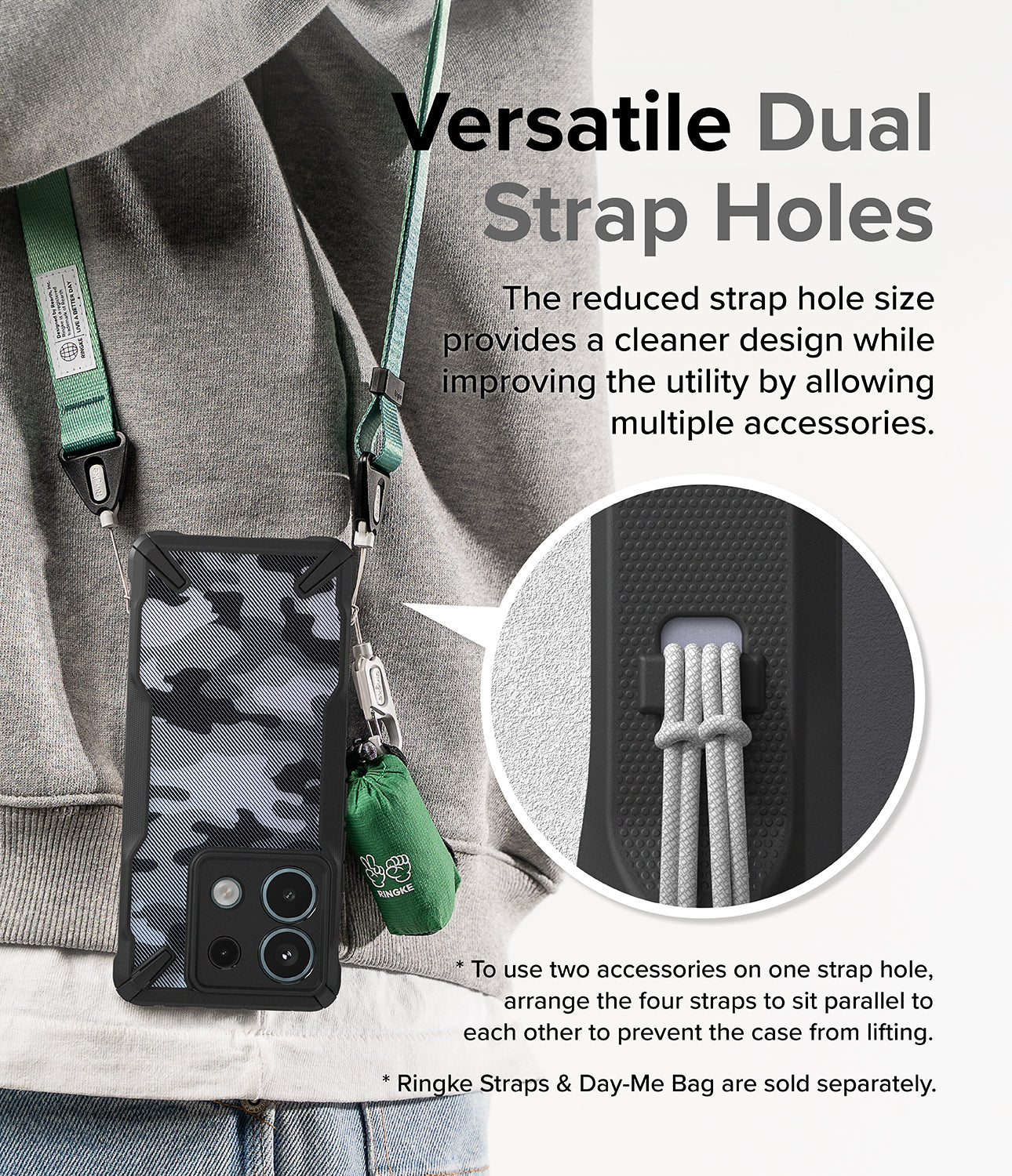 Redmi Note 13 Pro / Poco X6 Case | Fusion-X Camo Black - Versatile Dual Strap Holes. The reduced strap hole size provides a cleaner design while improving the utility by allowing multiple accessories.