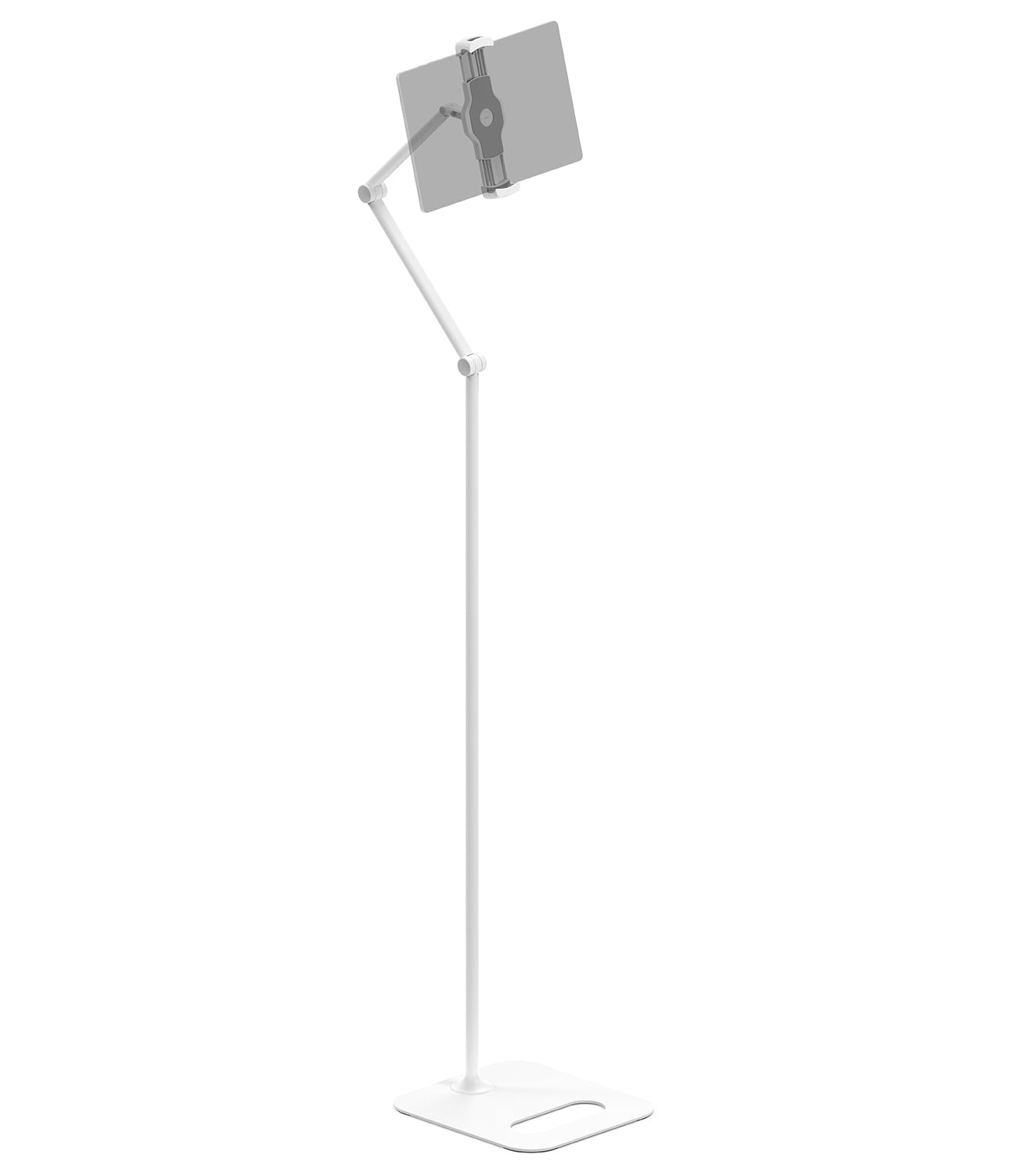 Ringke Stand Floor Holder - A white adjustable floor stand holding a tablet next to a wooden bed frame in a bedroom.