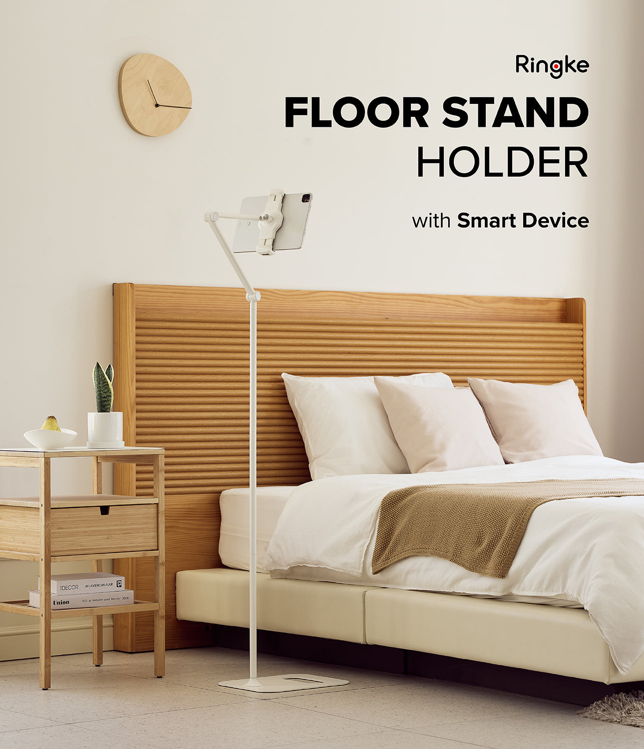 Ringke Stand Floor Holder - Adjustable white floor stand holding a tablet for gaming and bedside use in a home setting.