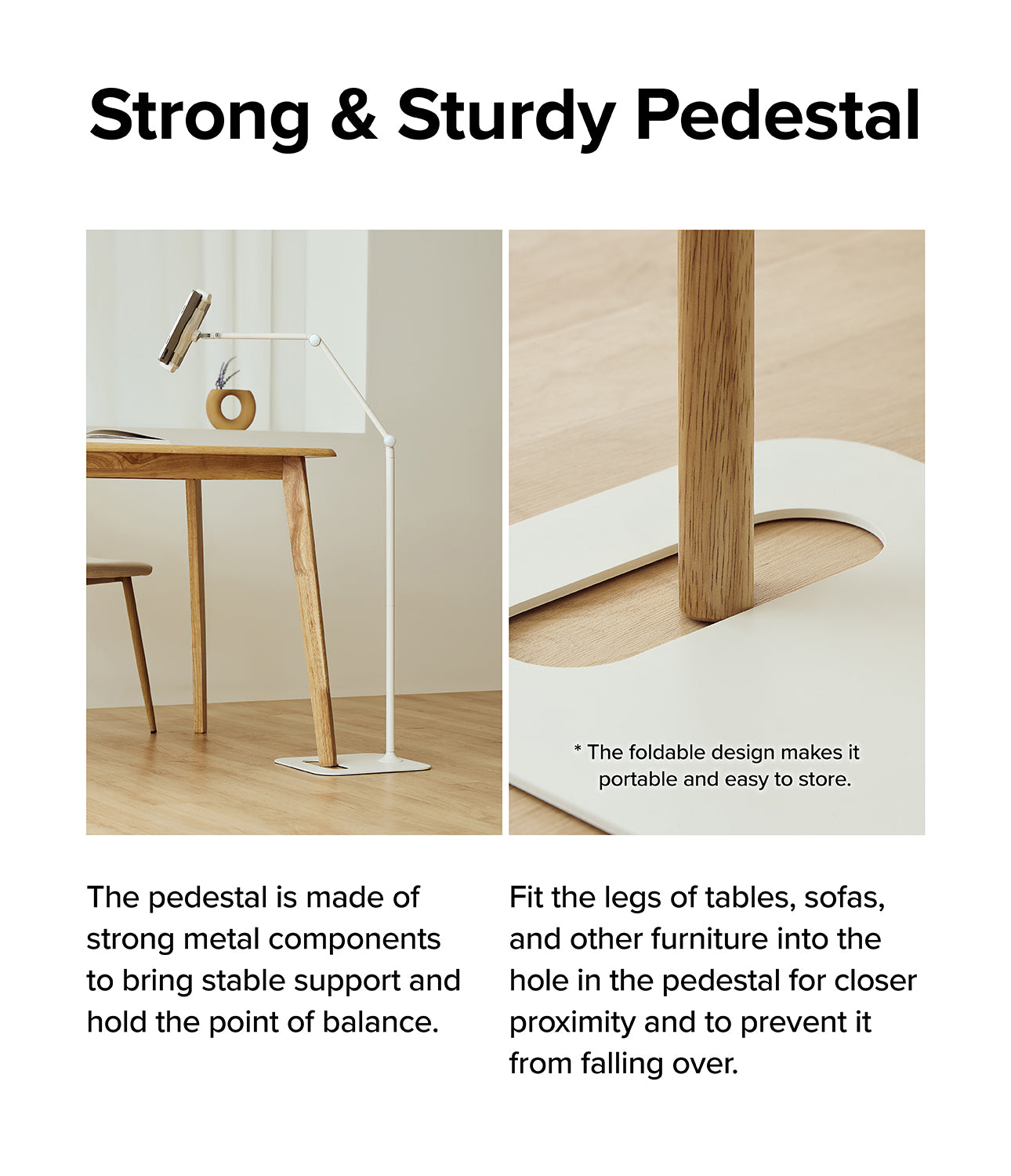 Ringke Stand Floor Holder - Two white adjustable floor stands holding tablets at different heights in a living room.