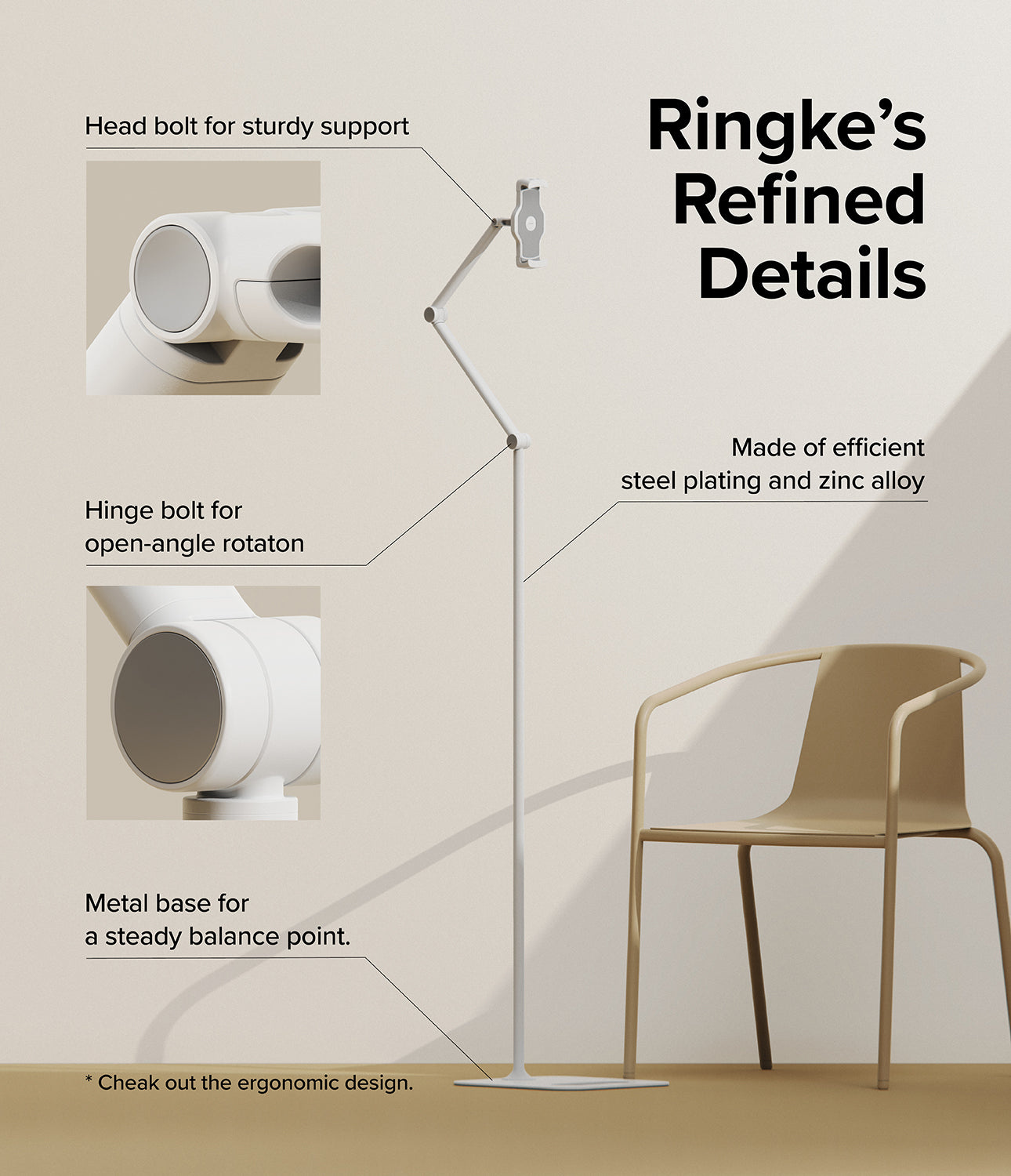 Ringke Stand Floor Holder - Four panels showing a tablet stand used in a bedroom, kitchen, for filming, and during workouts.