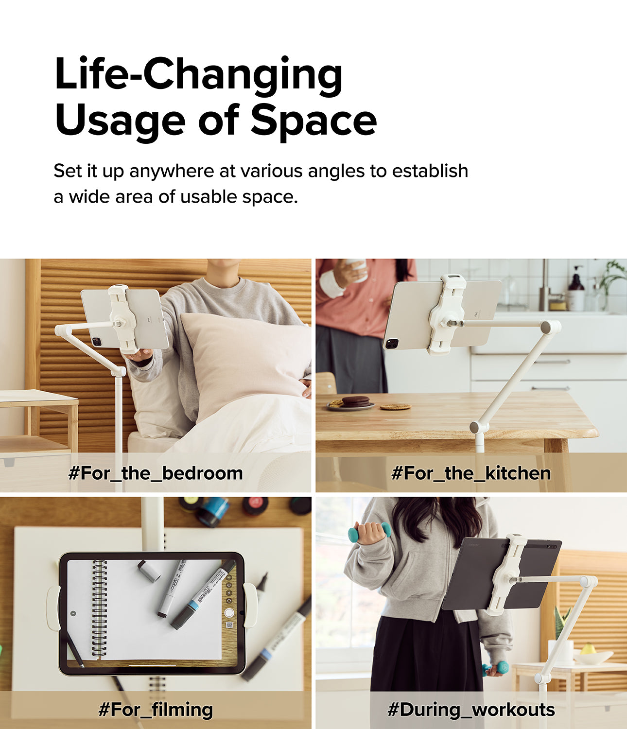 Ringke Stand Floor Holder - A minimalist white floor stand holding a tablet next to a modern sofa in a sunlit room.