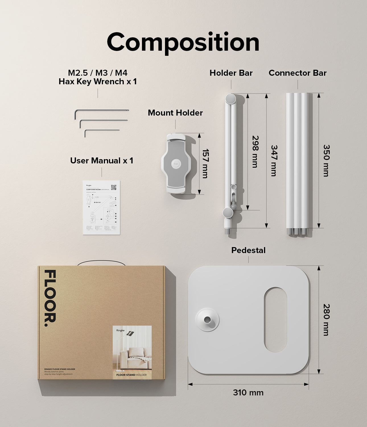 Ringke Stand Floor Holder - Technical diagram showing adjustable clamp sizes from 130mm to 220mm for 4.7-14.6 inch devices.