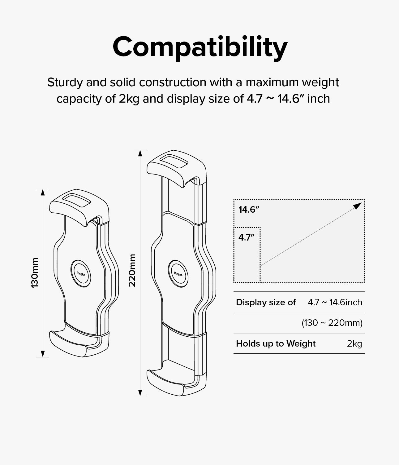 Ringke Stand Floor Holder - Five-step assembly guide showing how to connect the stand poles, mount holder, and ball joint.
