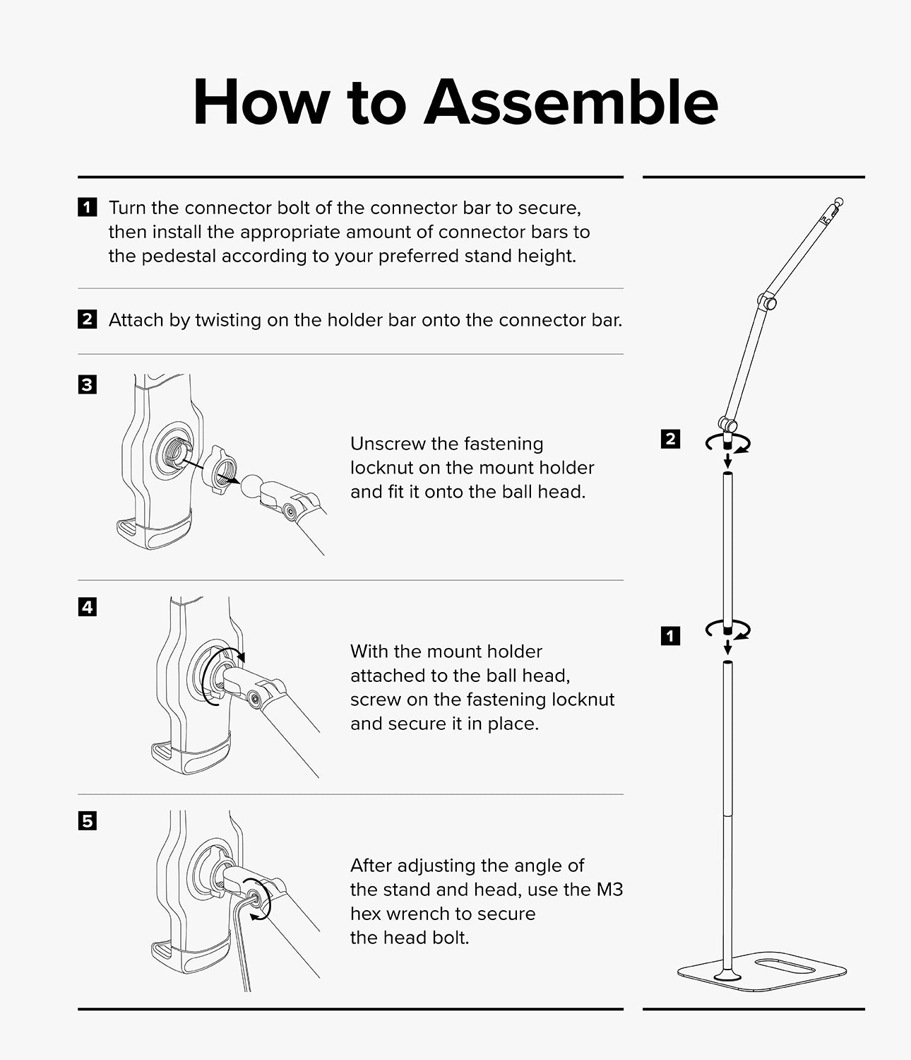 Ringke Stand Floor Holder - Three-step instructional diagram for adjusting hinge tension and aligning the stand base and holder.