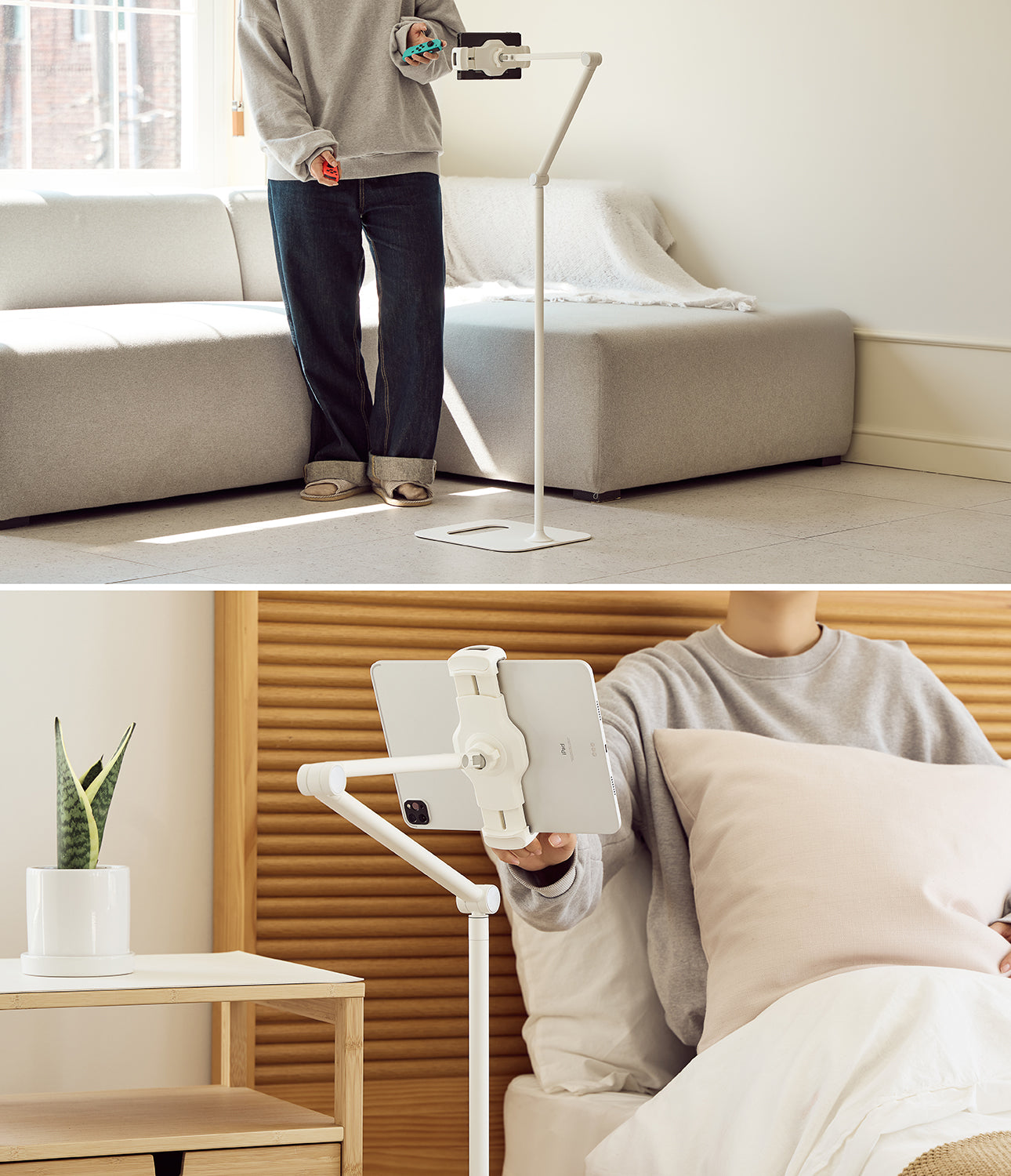 Ringke Stand Floor Holder - Adjustable white floor stand holding a tablet for desk work, clothing display, and exercise.