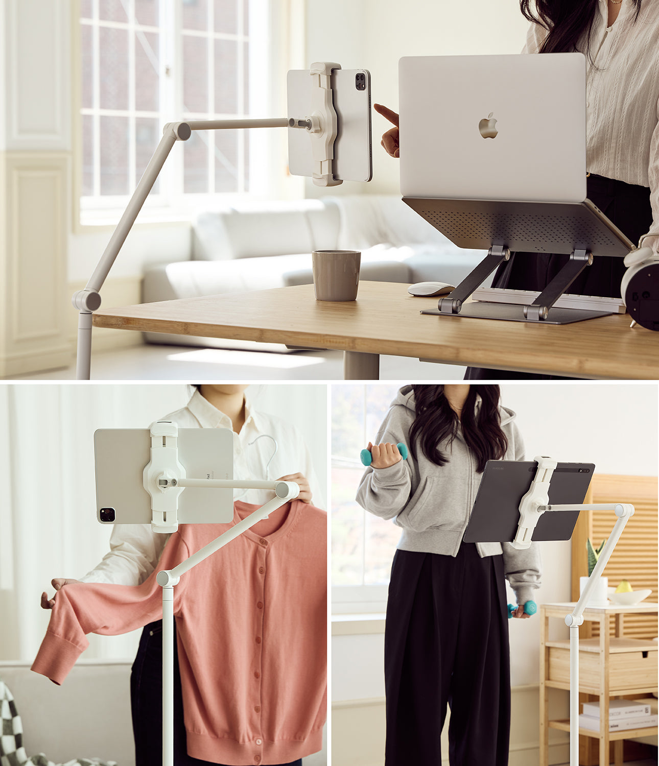 Ringke Stand Floor Holder - White adjustable stand holding a 2kg dumbbell to demonstrate stability and weight capacity.