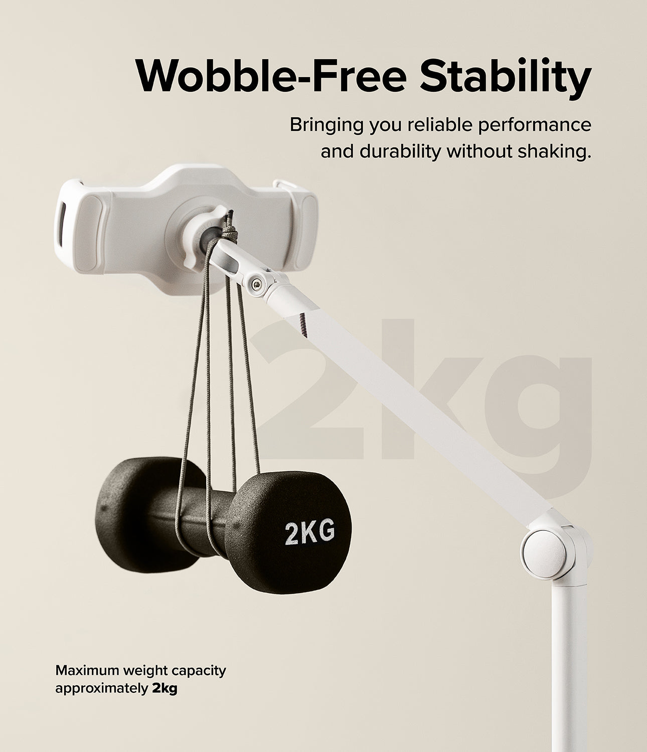 Ringke Stand Floor Holder - Adjustable white device mount showing compatibility range from 4.7 to 14.6 inches and 130mm to 220mm.
