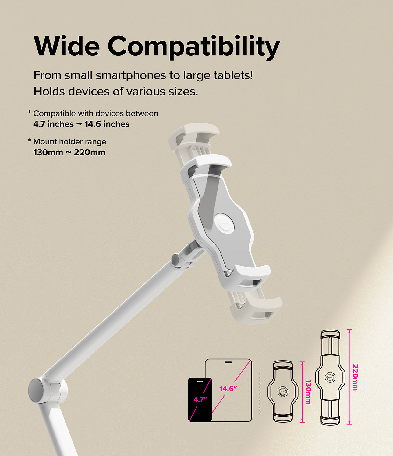 Ringke Stand Floor Holder - White phone holder with silicone grips, easy-grip handle, and cable management cutout.