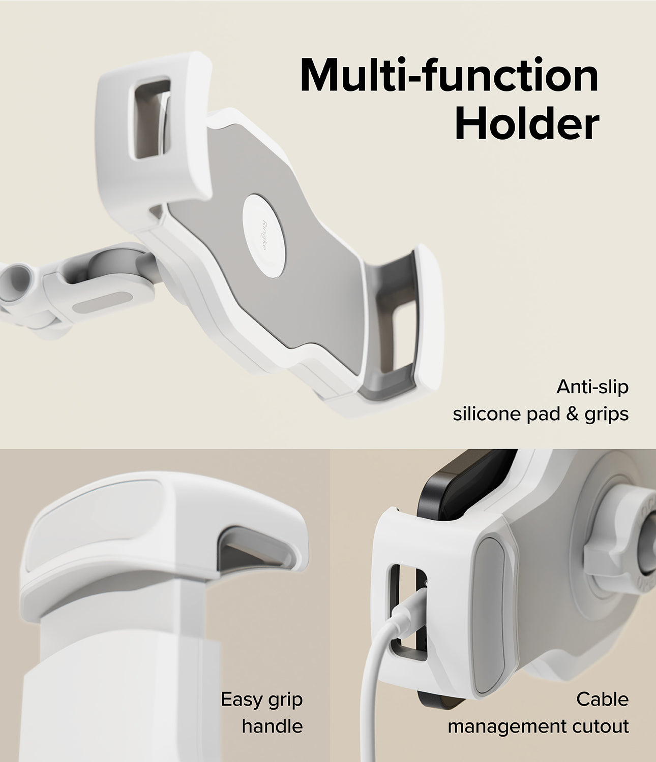 Ringke Stand Floor Holder - White phone stand with 360-degree rotating ball joint and 180-degree adjustable arm hinge.