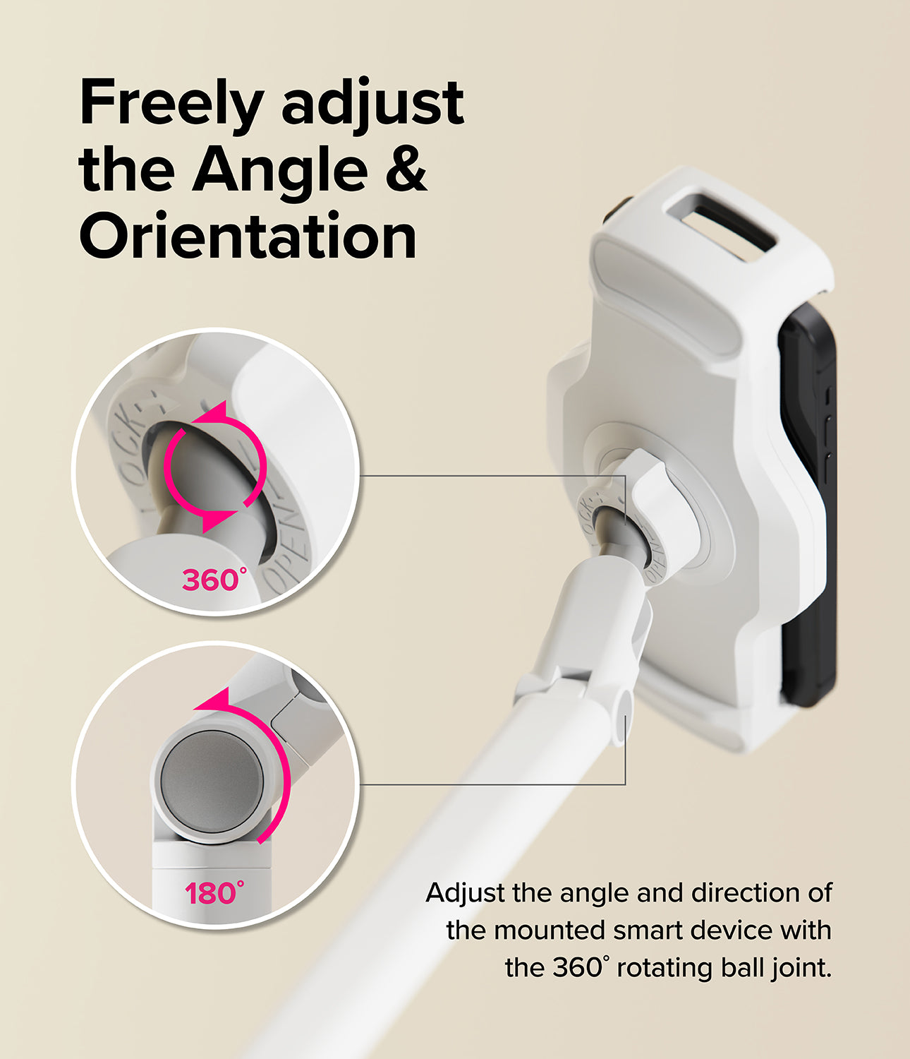 Ringke Stand Floor Holder - A person adjusts a white multi-jointed tablet stand holding a tablet in a kitchen setting.