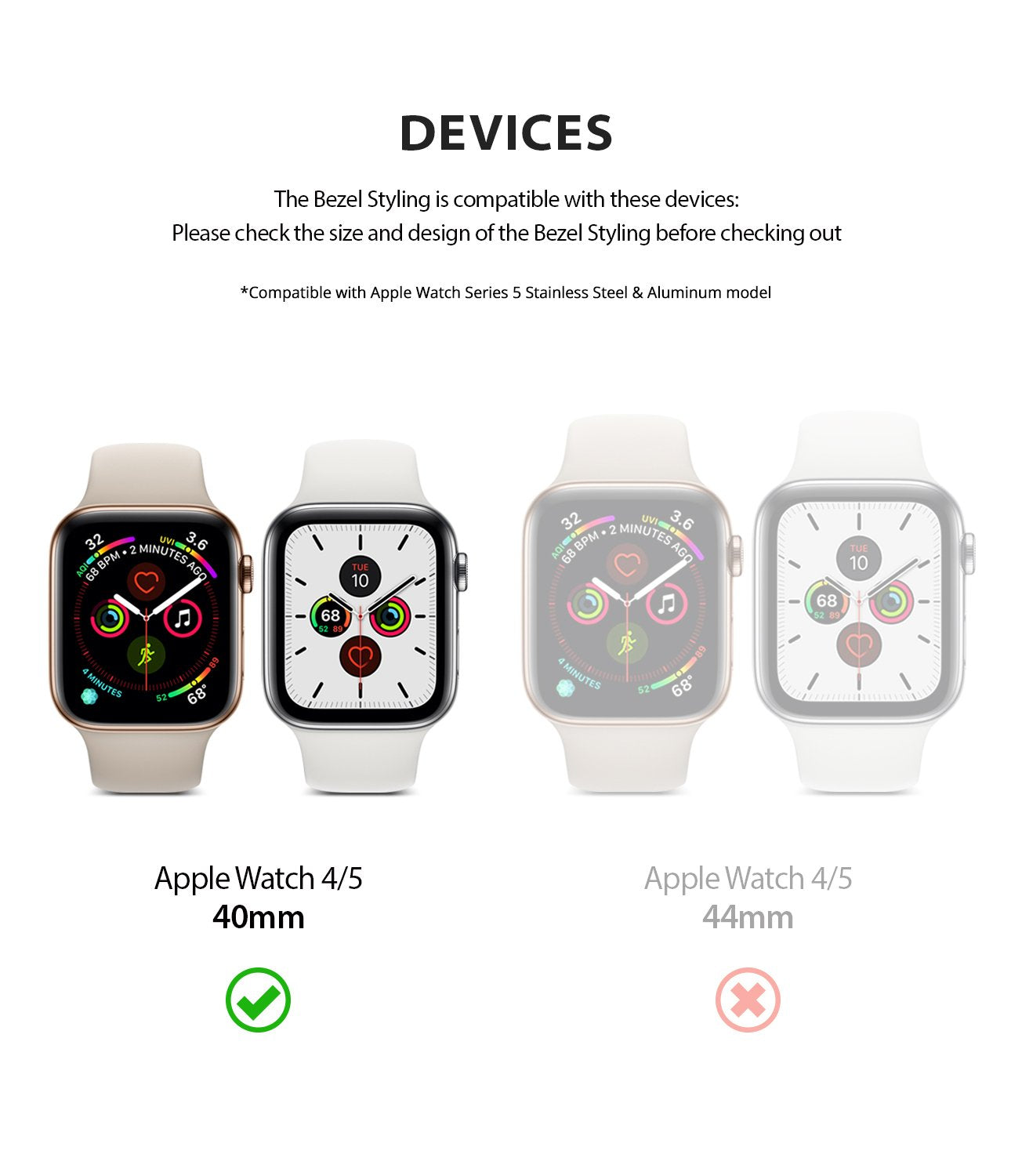 Apple Watch Series 6 / 5 / 4 / SE (40mm) | Premium Bezel Styling O - Compatibility chart showing 40mm Apple Watches with a green check and 44mm models with a red X.