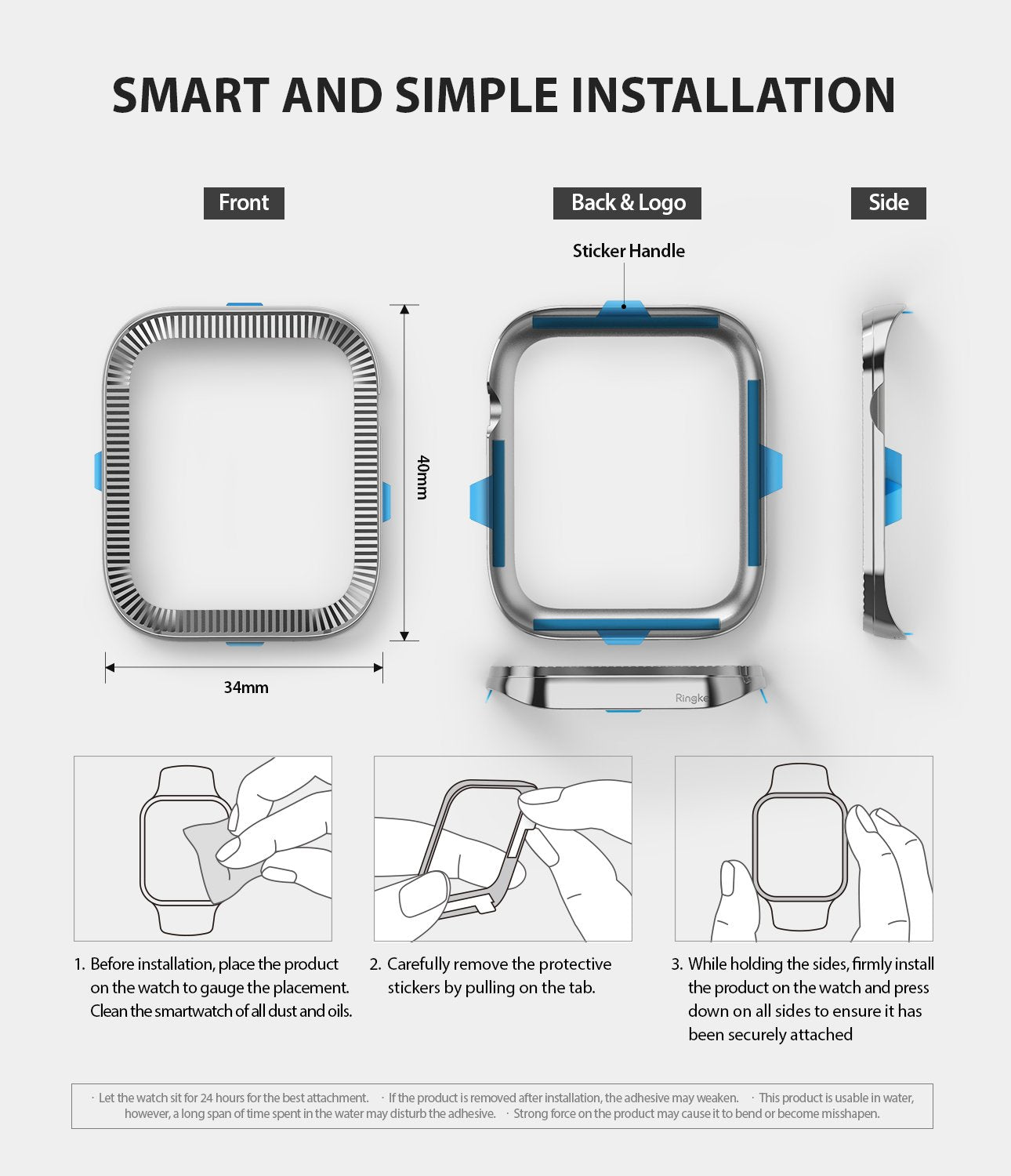 Apple Watch Series 6 / 5 / 4 / SE (40mm) | Premium Bezel Styling O - Installation guide showing bezel dimensions and steps.