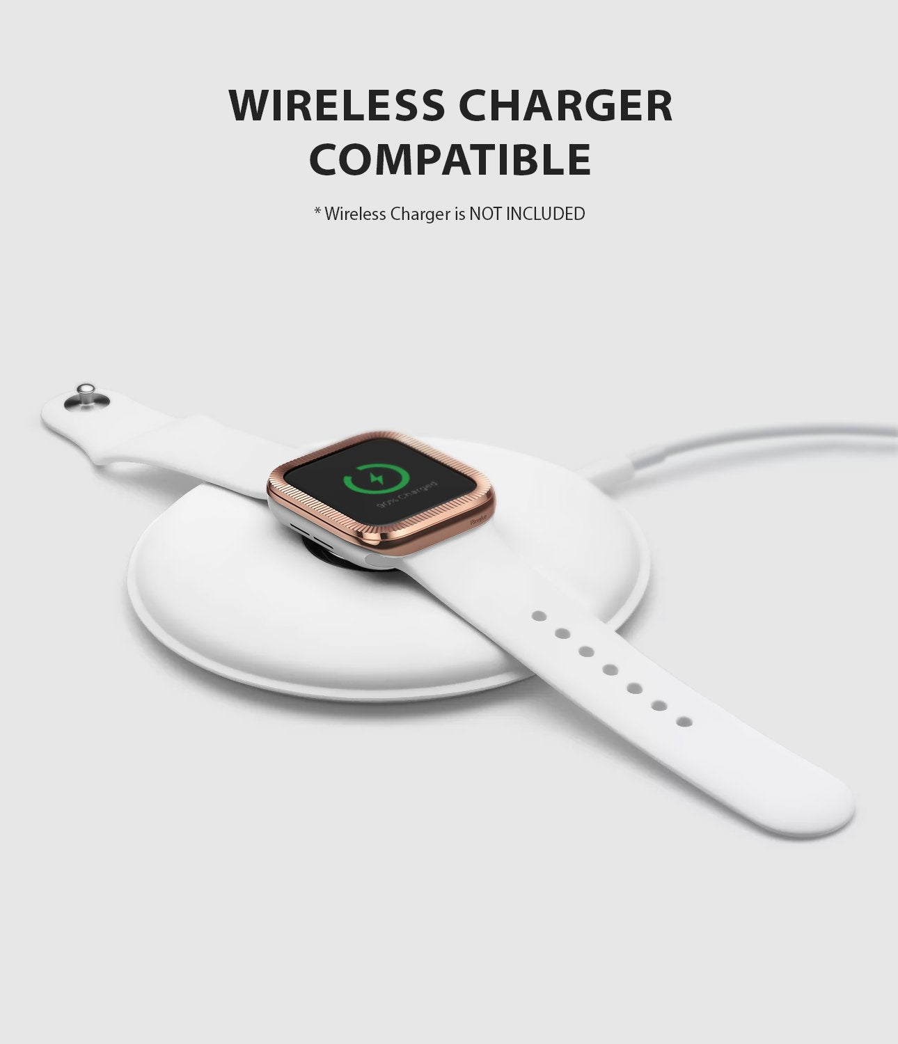 Apple Watch Series 6 / 5 / 4 / SE (40mm) | Premium Bezel Styling O - Rose gold bezel on white Apple Watch charging.