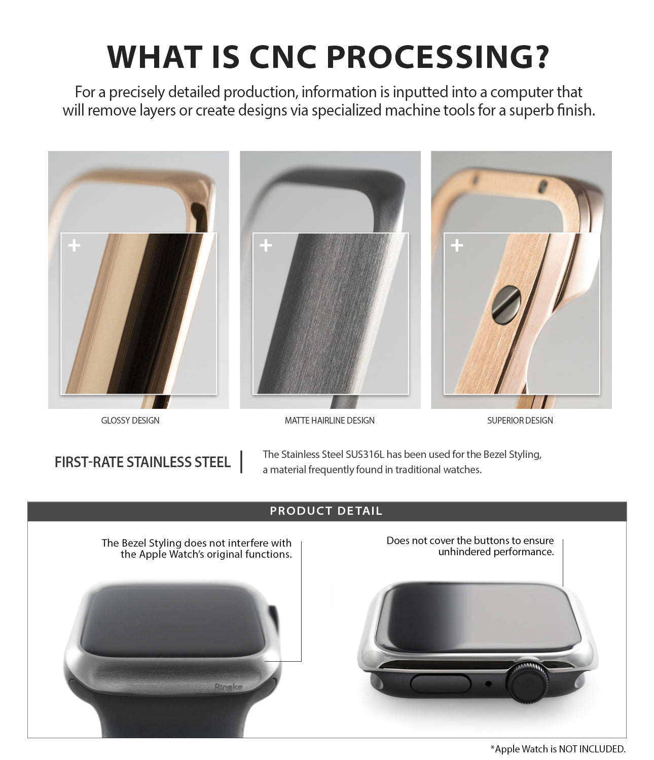 Apple Watch Series 6 / 5 / 4 / SE (44mm) | Premium Bezel Styling H - Infographic showing CNC-machined stainless steel bezels.