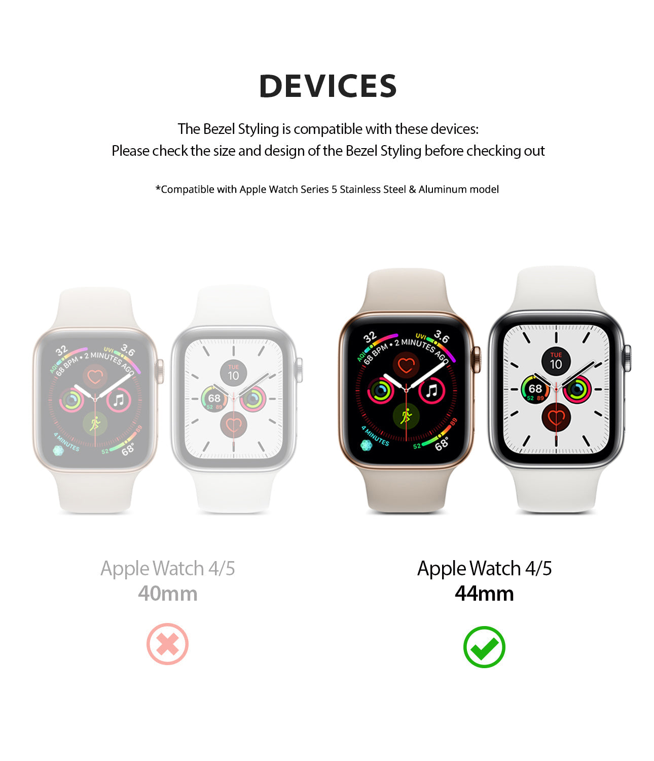 Apple Watch Series 6 / 5 / 4 / SE (44mm) | Premium Bezel Styling H - Comparison chart showing 40mm and 44mm Apple Watches.