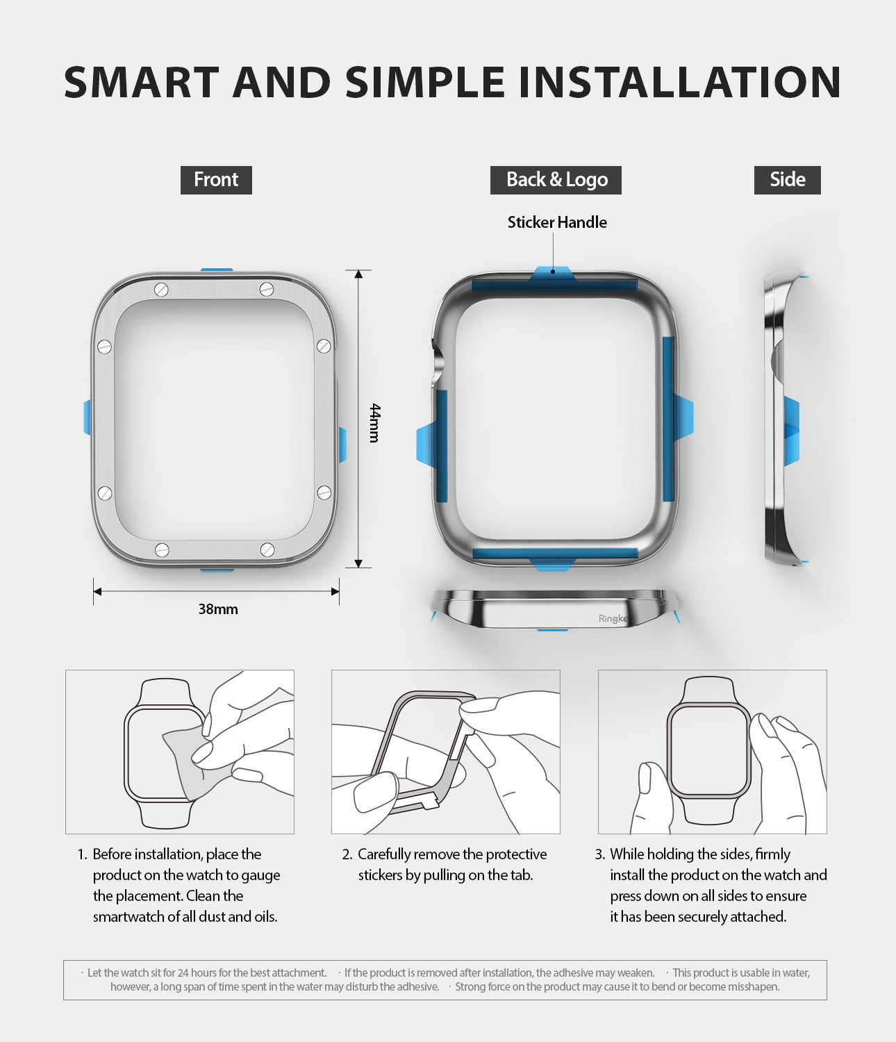 Apple Watch Series 6 / 5 / 4 / SE (44mm) | Premium Bezel Styling H - Diagrams showing bezel dimensions and installation steps.