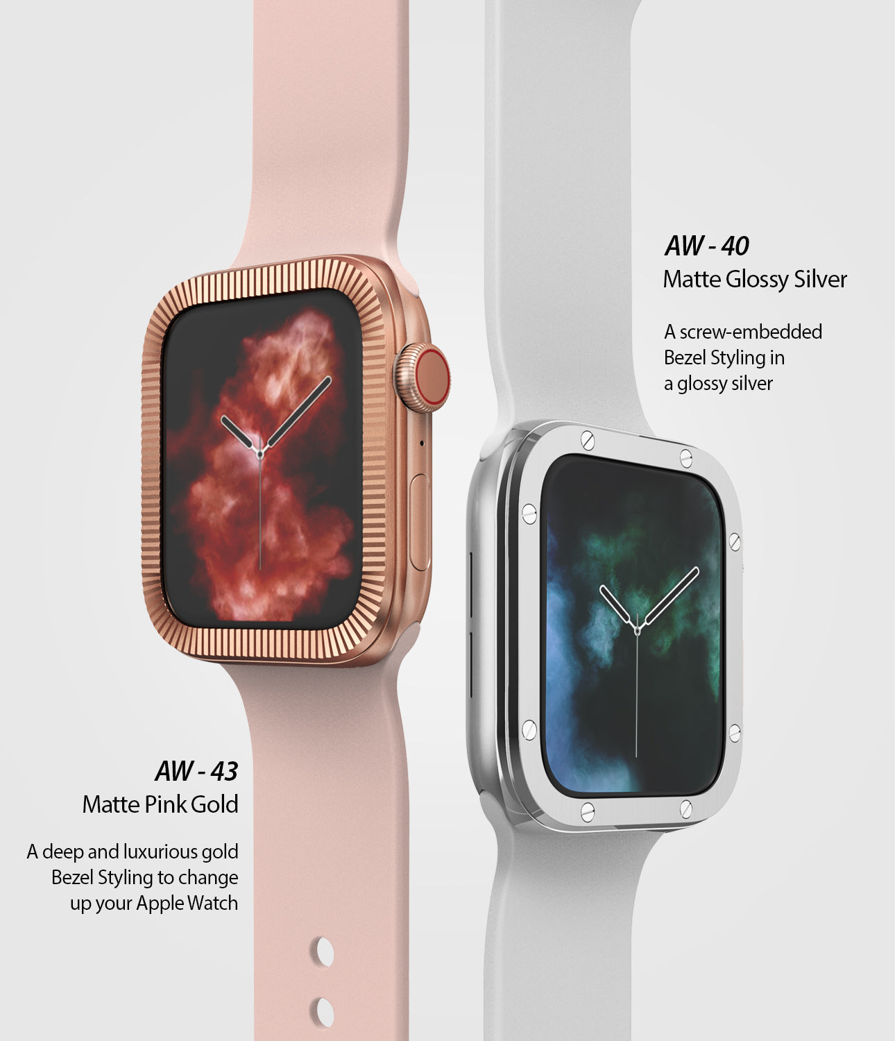 Apple Watch Series 6 / 5 / 4 / SE (44mm) | Premium Bezel Styling H - Two Apple Watches with pink and silver bezels.