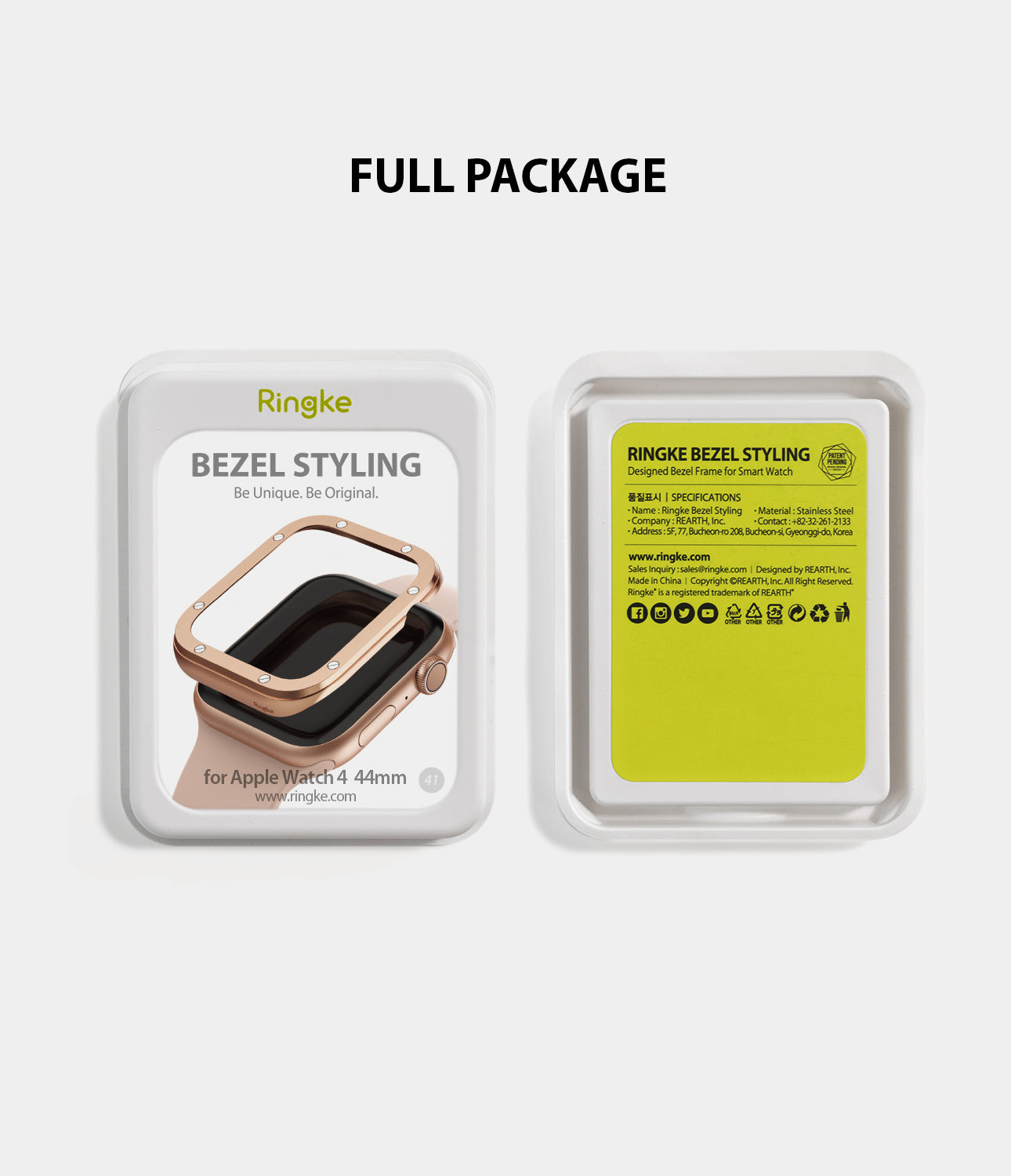 Apple Watch Series 6 / 5 / 4 / SE (44mm) | Premium Bezel Styling H - Front and back of Ringke bezel styling packaging.