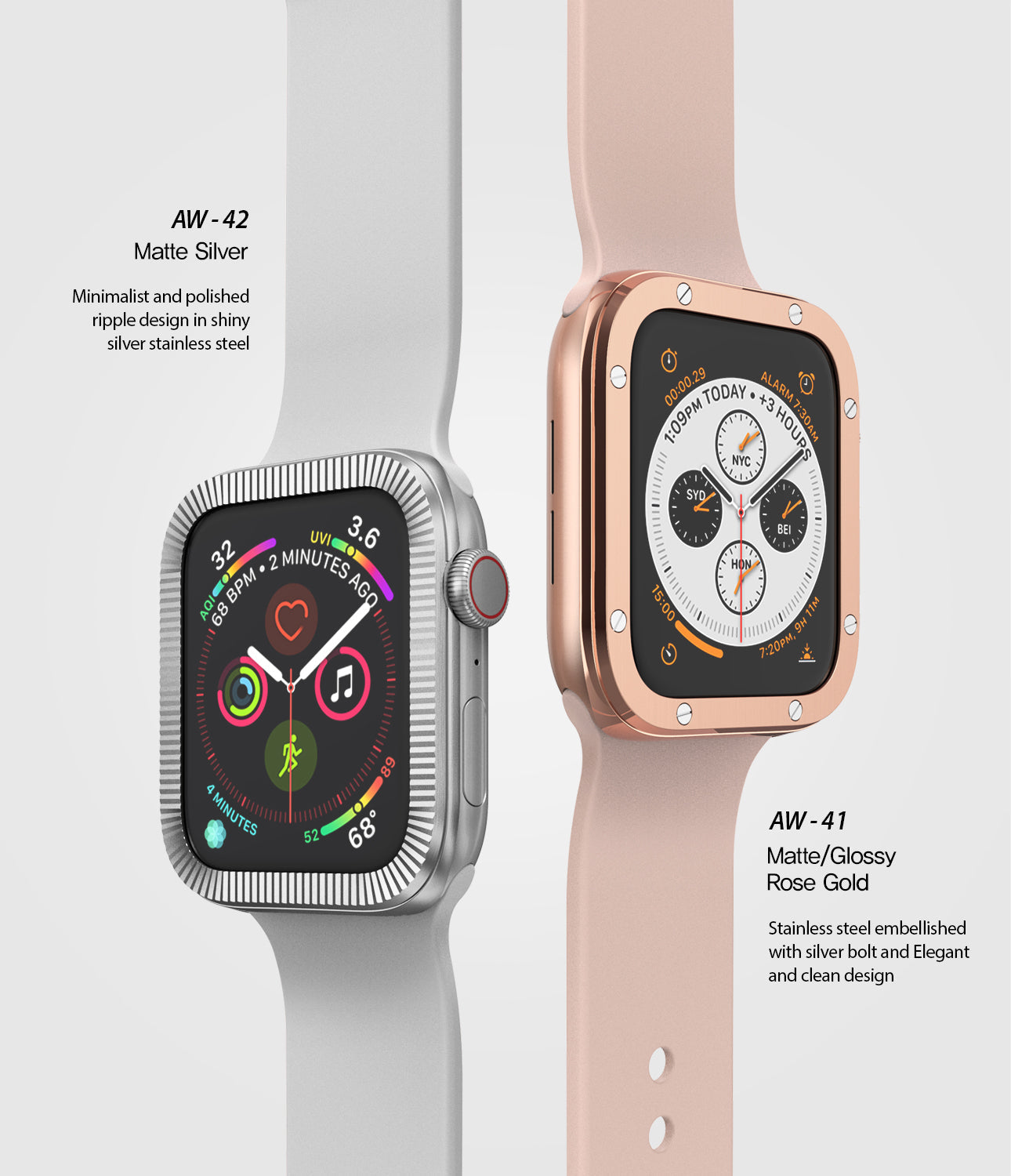 Apple Watch Series 6 / 5 / 4 / SE (44mm) | Premium Bezel Styling H - Two Apple Watches with silver ripple and rose gold bolt-accented bezels.